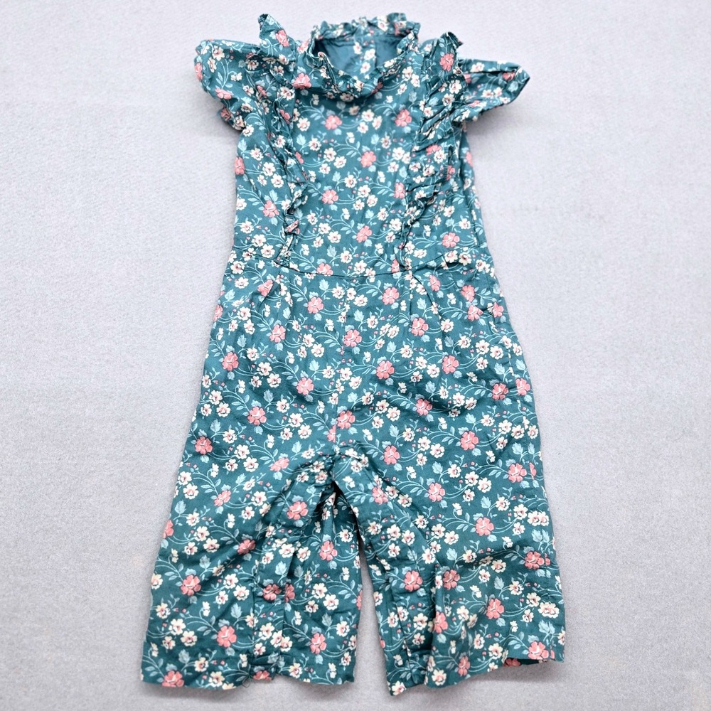 Janie and Jack Girls Teal Floral Ruffle Accent Wide Leg Pant Jumpsuit 12-18M EUC